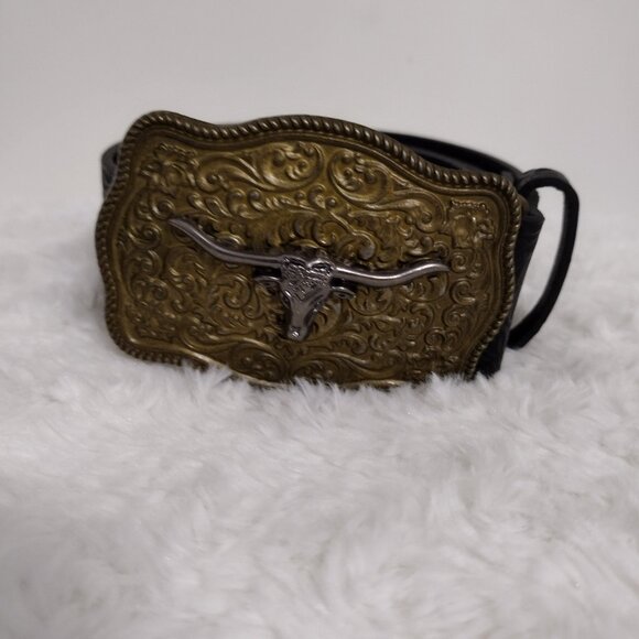 Western Longhorn Skull Statement Belt Engraved Gold Buckle Ranch Style - Picture 5 of 12